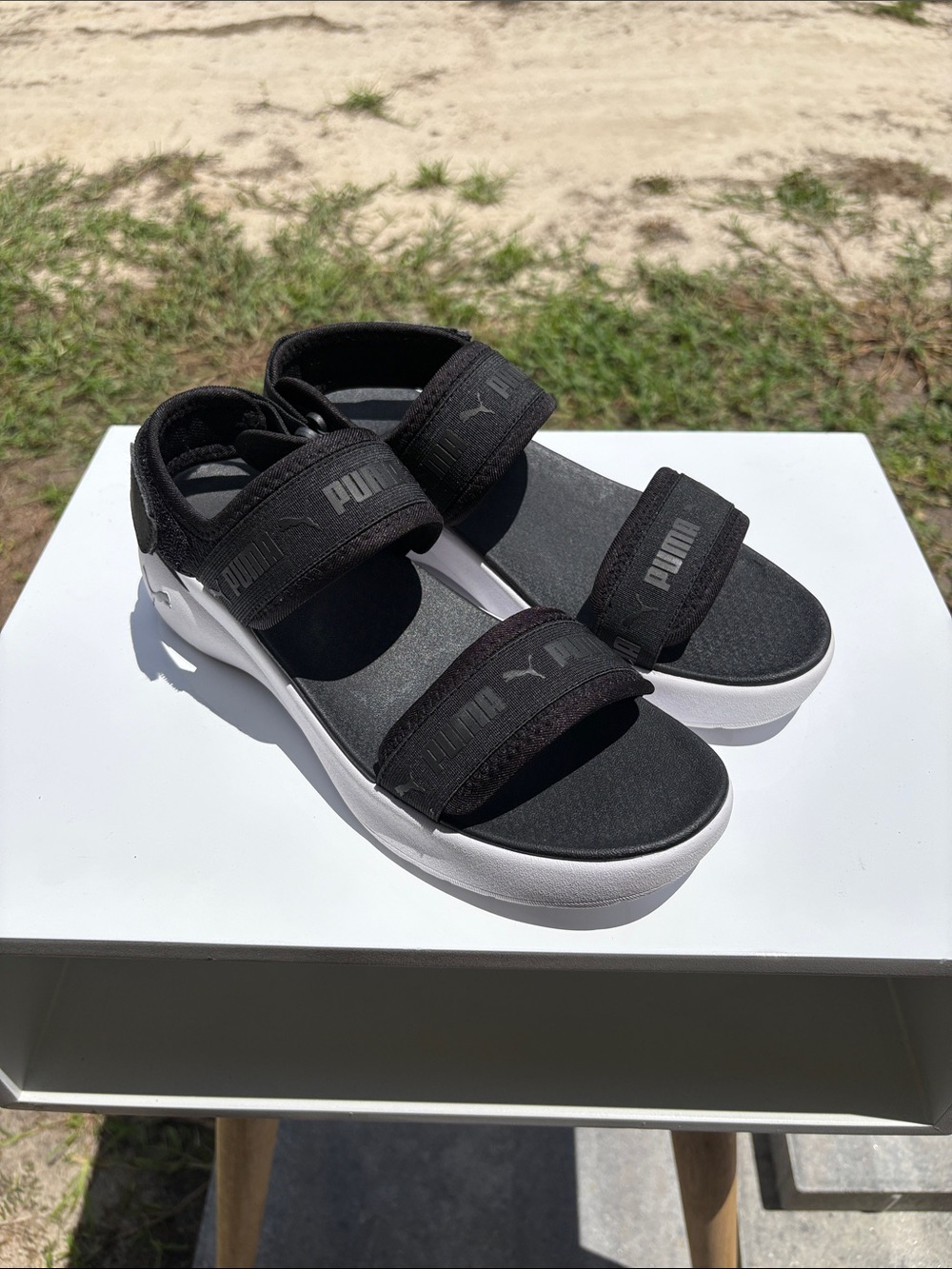 Puma Black and White Adjustable Strap Sandals